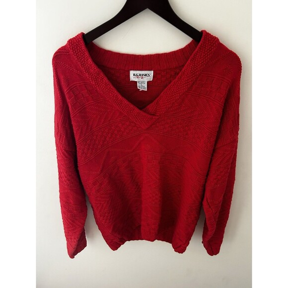 RG Basics Red Fisherman Knit Sweater V Neck Nautical Coastal Large Ramie Cotton - Picture 1 of 6